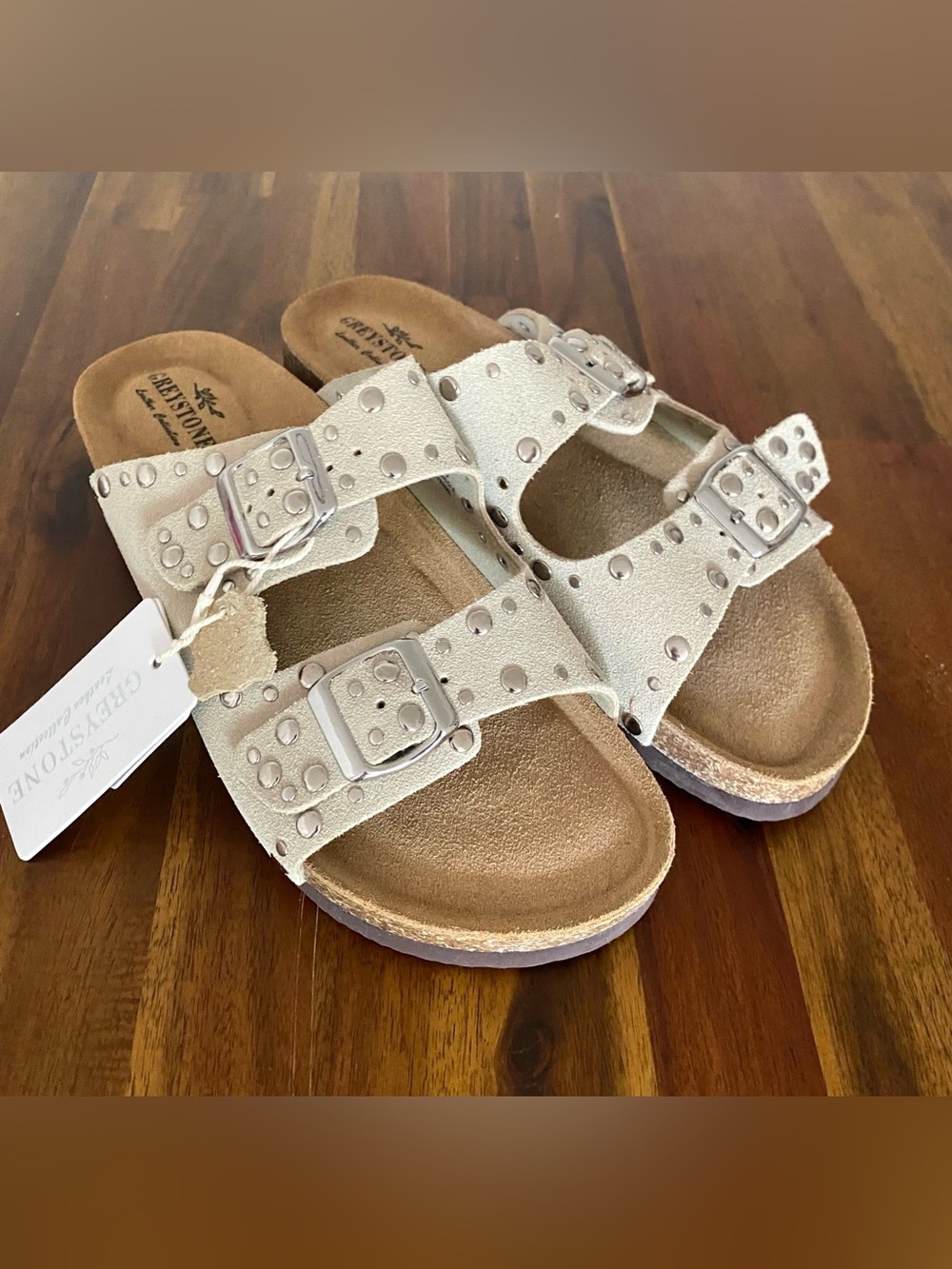 NWT women’s Studded Double-Buckle Sandal - Silver . Upper/sole genuine suede/l.